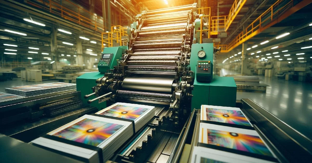 custom commercial printing offset press operation at UGI Packaging Guangzhou factory showing CMYK ink rollers and brochure output