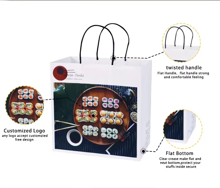 100% Recyclable Kraft Paper Food Bags with Handles – Compostable Takeout Totes with Cus... - SKU FPB90378 - UGI Packaging