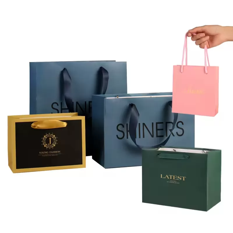 Luxury Gift Paper Bags with Ribbon Handles – Custom Logo Printed Boutique Shopping Bags, Elegant Black, White & Pink Packaging for Retail, Clothing, Cosmetics, Weddings & Special Events
