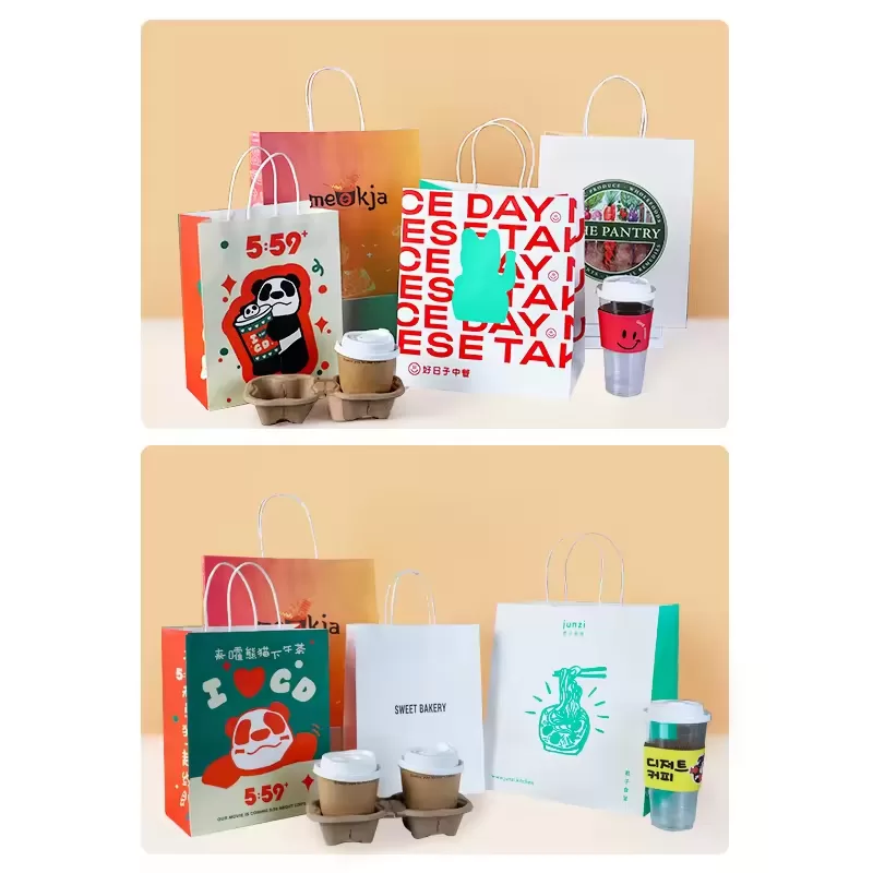 100% Recyclable Kraft Paper Food Bags with Handles – Compostable Takeout Totes with Custom Logo, Eco Restaurant Packaging for Sandwiches, Meals, Snacks, Bakery & Café Carry Out Use - 图片 2