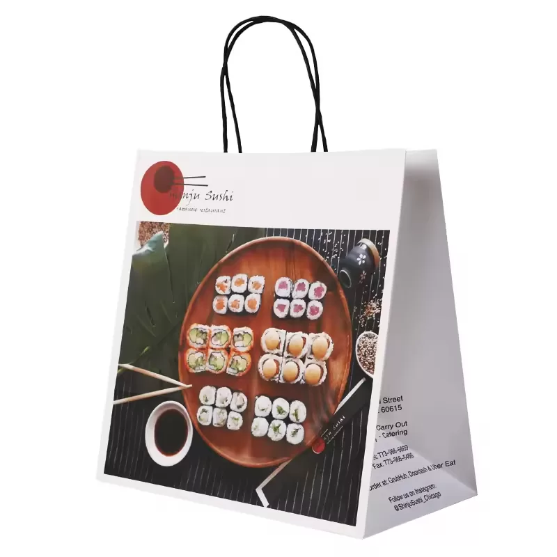Biodegradable Kraft Paper Sushi Takeout Bags with Handles – Custom Logo Printed, Eco-Friendly Brown Food Packaging for Restaurants, Japanese Cuisine, Delis, and Takeaway Shops