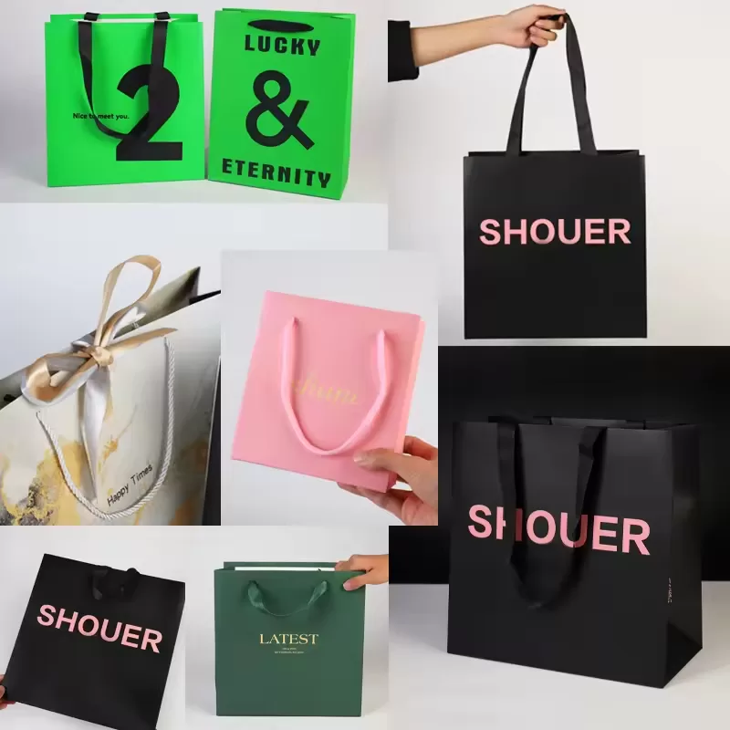 Luxury Gift Paper Bags with Ribbon Handles – Custom Logo Printed Boutique Shopping Bags, Elegant Black, White & Pink Packaging for Retail, Clothing, Cosmetics, Weddings & Special Events - 图片 3