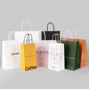 Compostable Kraft Paper Takeout Bags with Handles – Custom Logo Eco Carry Bag for Fast Food, Restaurant, Deli, Café, Bakery – 100% Recycled Paper, Grease-Resistant & Strong