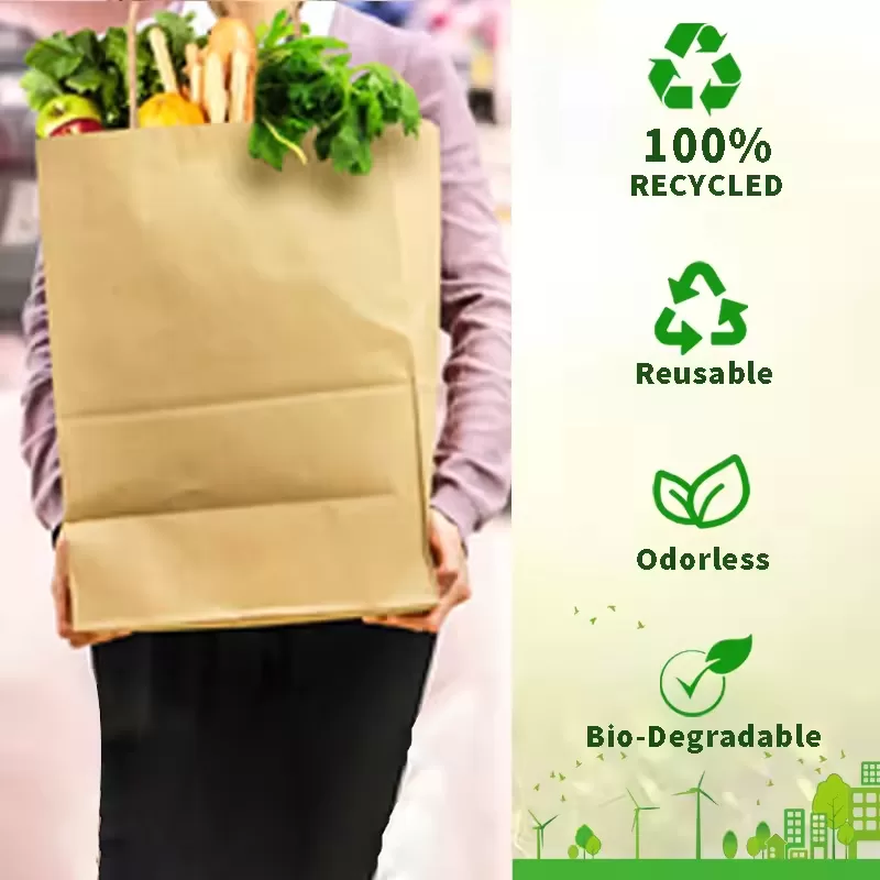 100% Recyclable Kraft Paper Food Bags with Handles – Compostable Takeout Totes with Custom Logo, Eco Restaurant Packaging for Sandwiches, Meals, Snacks, Bakery & Café Carry Out Use - 图片 5