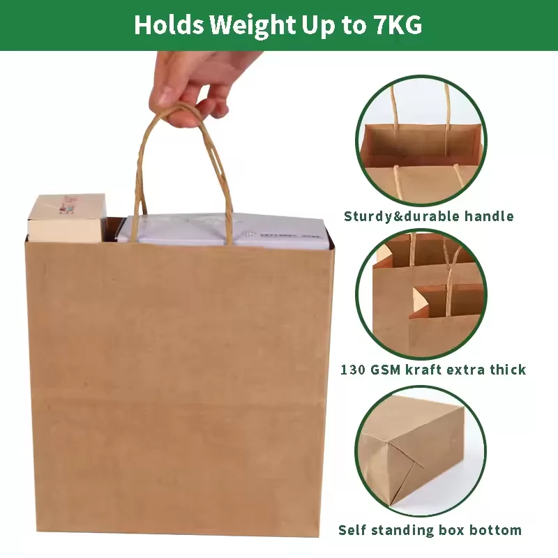 100% Recyclable Kraft Paper Food Bags with Handles – Compostable Takeout Totes with Custom Logo, Eco Restaurant Packaging for Sandwiches, Meals, Snacks, Bakery & Café Carry Out Use - 图片 6