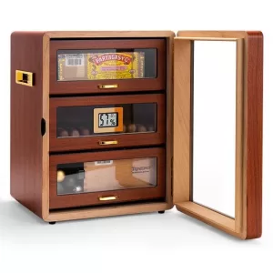 Luxury Cedar Wood Cigar Humidor Cabinet with Hygrometer, Humidifier, Glass Door, 3 Drawers & Lock – Holds 200 Cigars – Spanish Cedar for Flavor Preservation – Elegant Gift Box