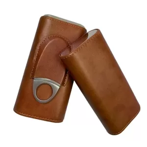 Brown Leather Cigar Case Holder for 3 Cigars – Travel Humidor Tube Set with Stainless Steel Cutter – Portable Tobacco Accessories Kit in Gift Box – Ideal Gift for Cigar Smoking Men