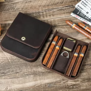 Premium Leather Cigar Case for 6 Cigars Up to 6.5" 60 Ring Gauge – Vintage Style Travel Humidor Pouch with Snap Closure – Durable Handmade Holder for Men – 185x165x30mm, 291g