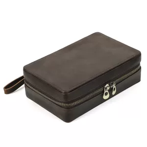 leather cigar travel humidor 🥃 – Crazy Horse cowhide 4-slot portable humidor with dual zipper, cedar lining, cutter & lighter holders, wrist strap, leather retention strips, free laser engraving, vintage patina, travel & gift ready for men
