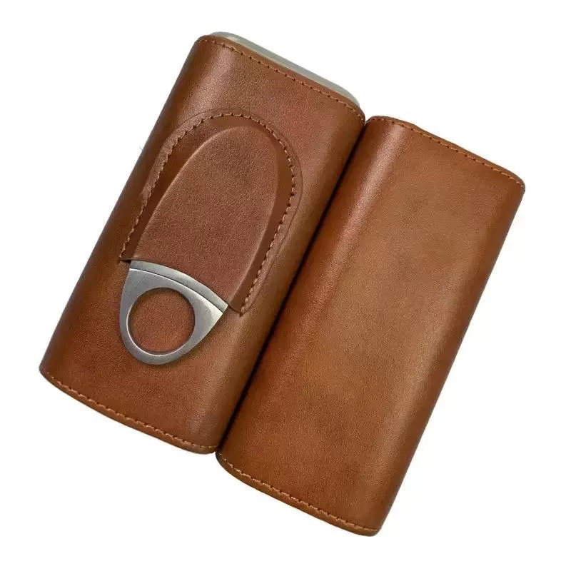 Brown Leather Cigar Case Holder for 3 Cigars – Travel Humidor Tube Set with Stainless S... - SKU CHB10764 - UGI Packaging