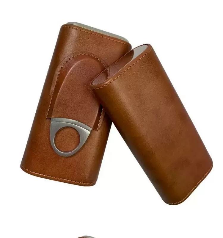 Brown Leather Cigar Case Holder for 3 Cigars – Travel Humidor Tube Set with Stainless S... - SKU CHB10764 - UGI Packaging