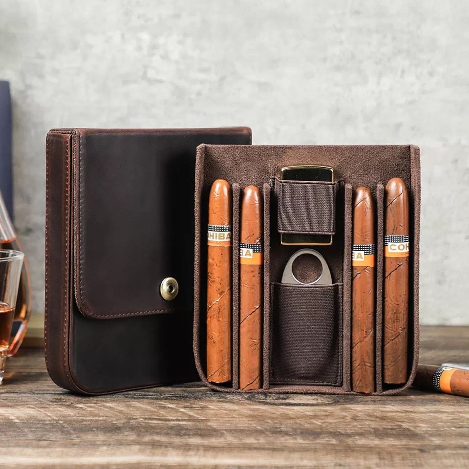 Premium Leather Cigar Case for 6 Cigars Up to 6.5" 60 Ring Gauge – Vintage Style Travel... - SKU CHB10701 - UGI Packaging
