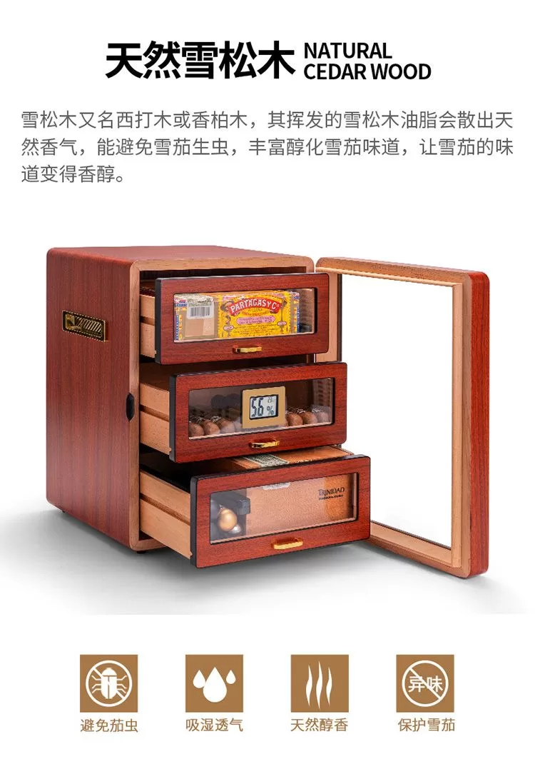 Luxury Cedar Wood Cigar Humidor Cabinet with Hygrometer, Humidifier, Glass Door, 3 Draw... - SKU CHB10692 - UGI Packaging