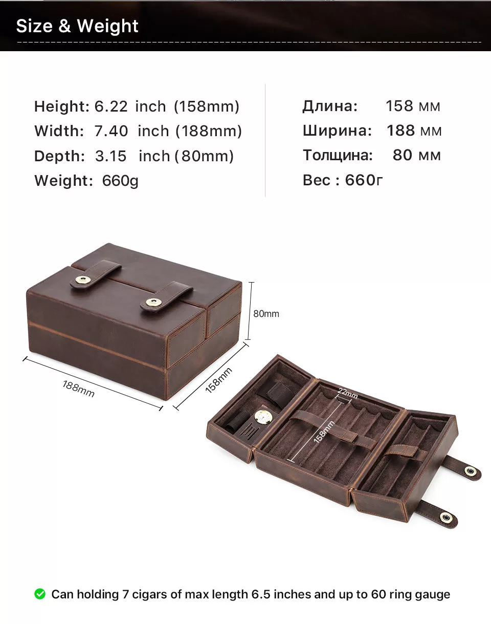 Premium Leather Cigar Travel Humidor Case – Holds 7 Cigars with Hygrometer, Cutter Slot... - SKU CHB10758 - UGI Packaging