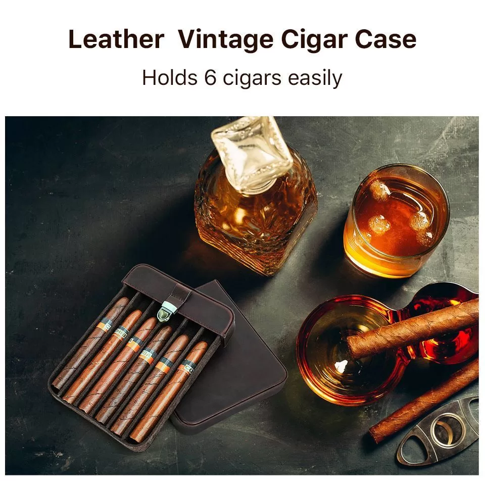 Premium Crazy Horse Leather Cigar Travel Case for Men – Vintage Humidor Box Holds 6 Cig... - SKU CHB10726 - UGI Packaging