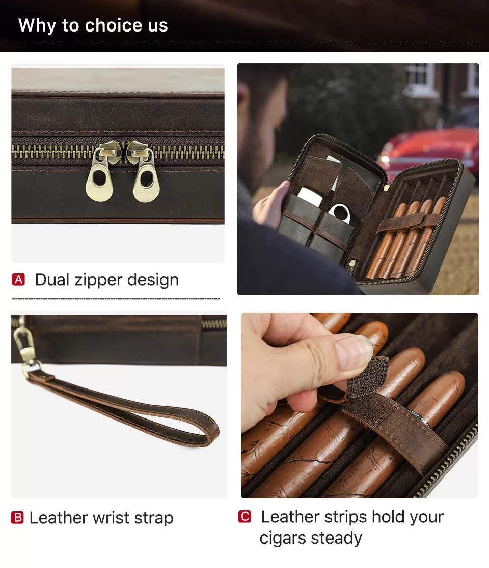 leather cigar travel humidor 🥃 – Crazy Horse cowhide 4-slot portable humidor with dual ... - SKU CHB10734 - UGI Packa...