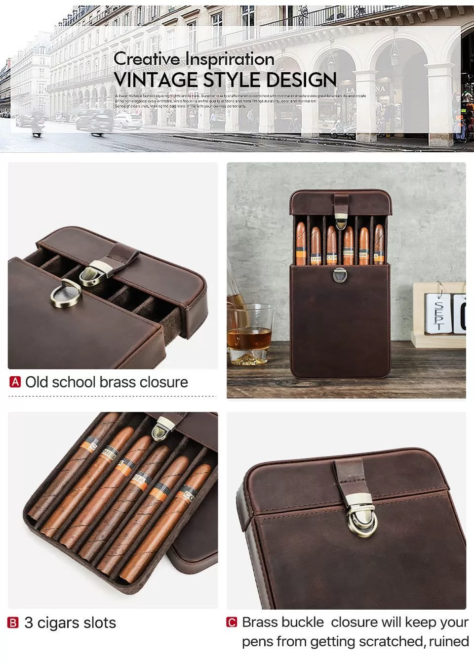 Premium Crazy Horse Leather Cigar Travel Case for Men – Vintage Humidor Box Holds 6 Cig... - SKU CHB10726 - UGI Packaging