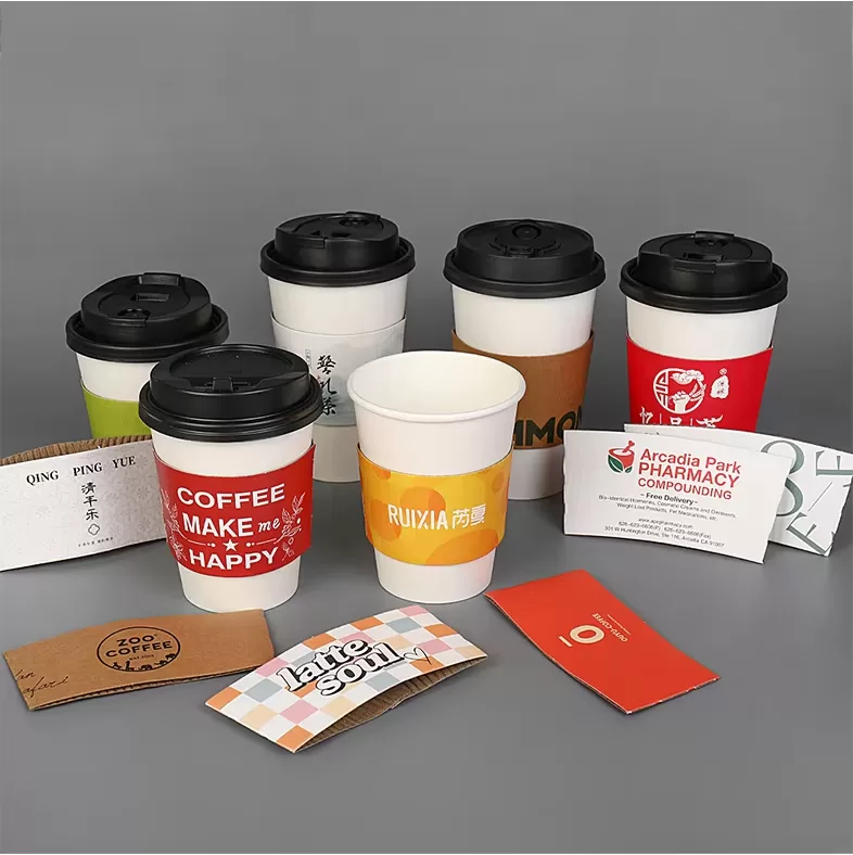 Custom Printed Disposable Kraft Paper Cup Sleeves for Coffee and Milk Tea – 250GSM Insu... - SKU CCS15068 - UGI Packaging