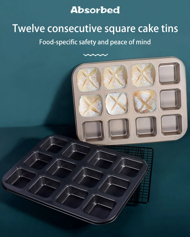 Non-Stick 12/6 Cavity Square Muffin Cupcake Baking Pan – Carbon Steel Mini Cake Tray for Oven, Household Bread Burger Mold for Baking, Reusable Bakeware for Kitchen, Easy Clean, Durable