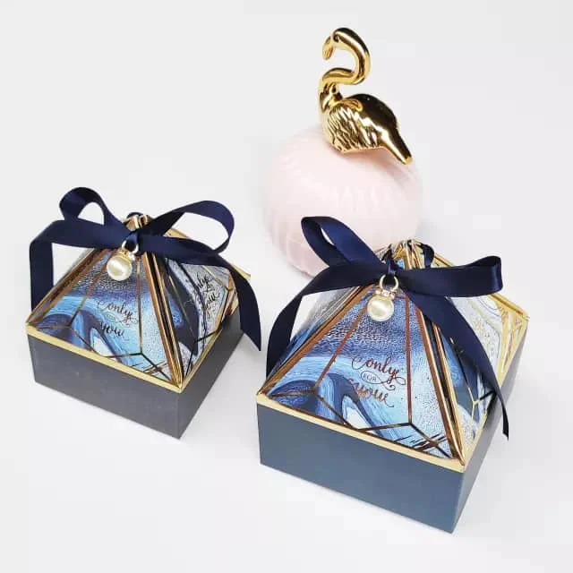 Laser-cut hollow lace flower candy box in Navy, White, Gold, or Blue. Elegant DIY favor... - SKU CGB12805 - UGI Packaging