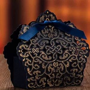 Laser-cut hollow lace flower candy box in Navy, White, Gold, or Blue. Elegant DIY favor box perfect for weddings, baby showers, parties, and gifts. Stylish, sturdy, and ideal for candy or small treats.
