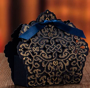 Laser-cut hollow lace flower candy box in Navy, White, Gold, or Blue. Elegant DIY favor box perfect for weddings, baby showers, parties, and gifts. Stylish, sturdy, and ideal for candy or small treats.