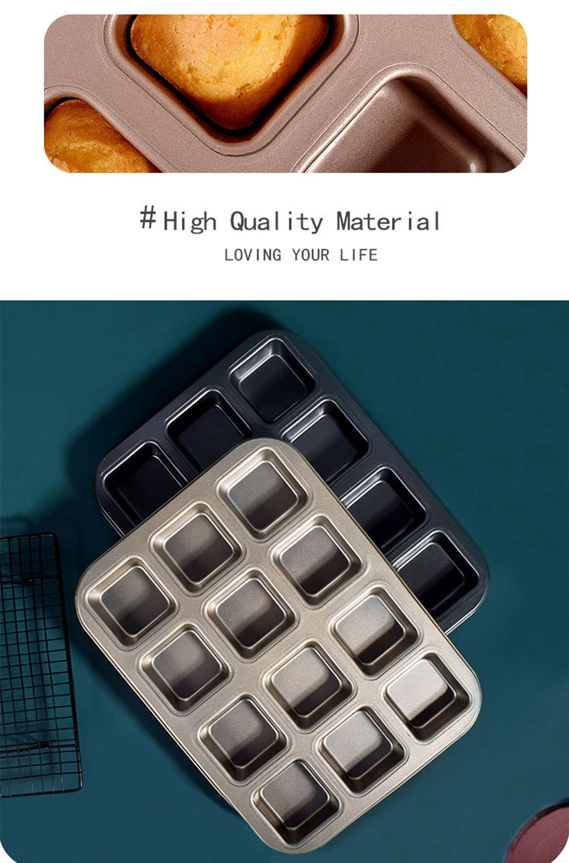 Non-Stick 12/6 Cavity Square Muffin Cupcake Baking Pan – Carbon Steel Mini Cake Tray for Oven, Household Bread Burger Mold for Baking, Reusable Bakeware for Kitchen, Easy Clean, Durable