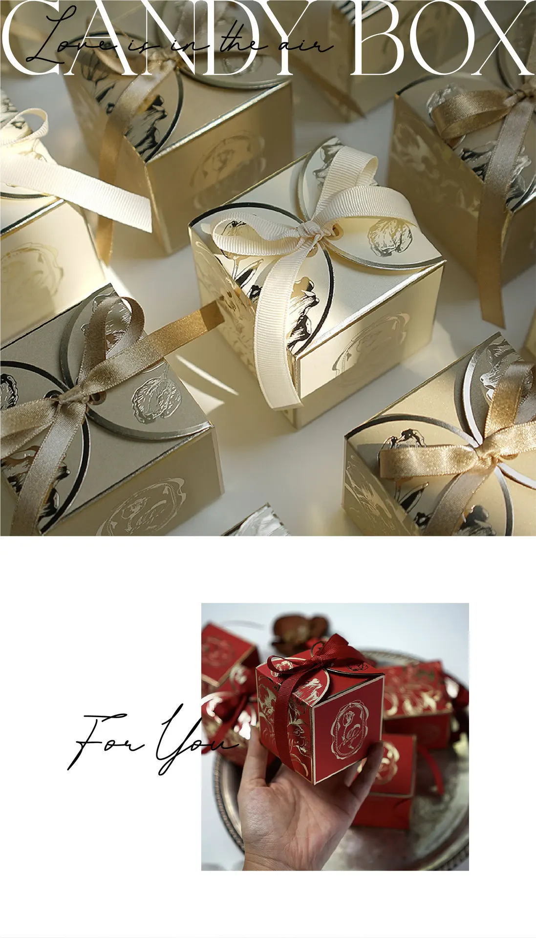 Exquisite Square Gold Gift Boxes – Printed Tulip Candy Packaging with Ribbon, Perfect for Party Decorations, Weddings, Baby Showers, and Gift Giving. Elegant Design for Sweets, Jewelry, or Favors.