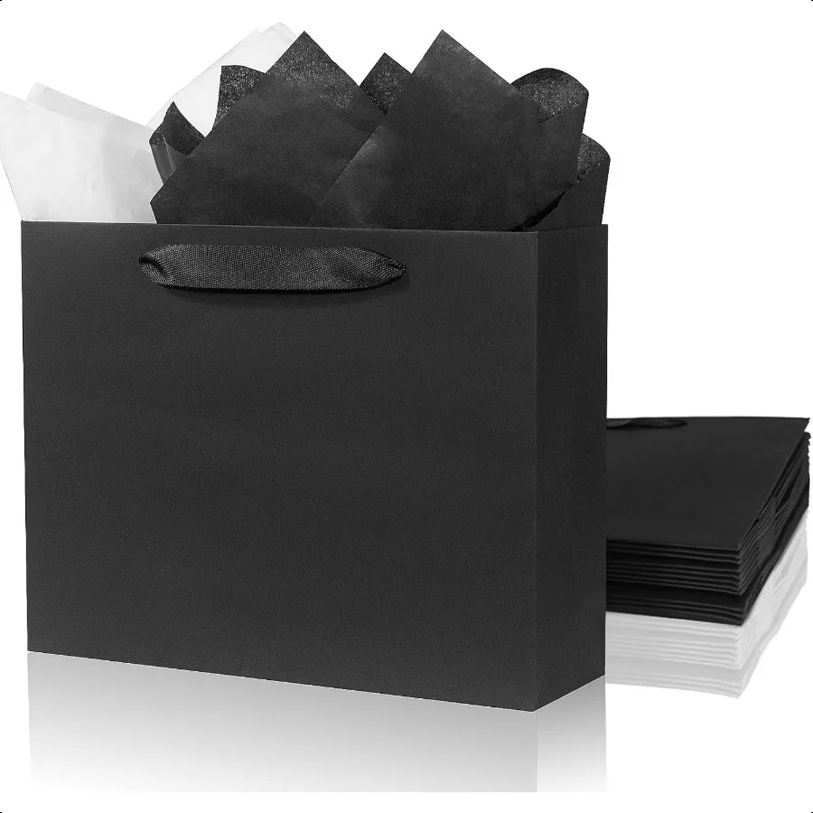 Black Gift Bags with Tissue Paper Set - 6 Pack Medium 10.5"x4"x8.1" Kraft Paper Shopping Bags with Ribbon Handles for Takeaway, Retail, Business, Weddings & Special Events
