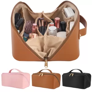 Travel Makeup Bag with Divider & Handle – Waterproof PU Leather Toiletry Organizer for Women – Flat-Opening Large Capacity Cosmetic Case with Inner Pocket – Portable for Travel & Daily Use