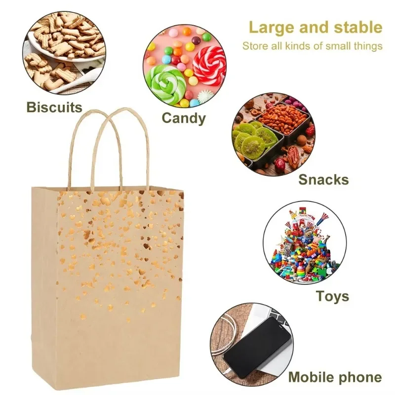 Recyclable Bronzing Love Kraft Paper Bags – Sturdy gift bags with handles, perfect for packing candy, cookies, or snacks. Ideal for weddings, birthdays, Christmas, and festive party decorations. 2