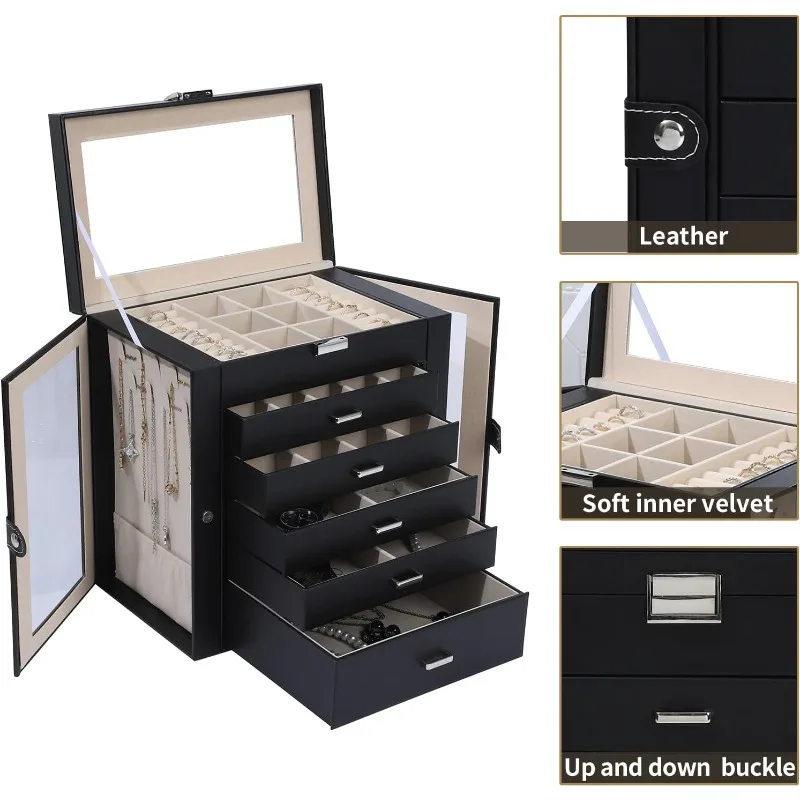 6-Layer Large Jewelry Box with Mirror – Multifunctional Jewelry Organizer with 5 Drawers and 2 Glass Side Doors, Spacious Storage for Necklaces, Rings, Earrings, Watches & More - 图片 2