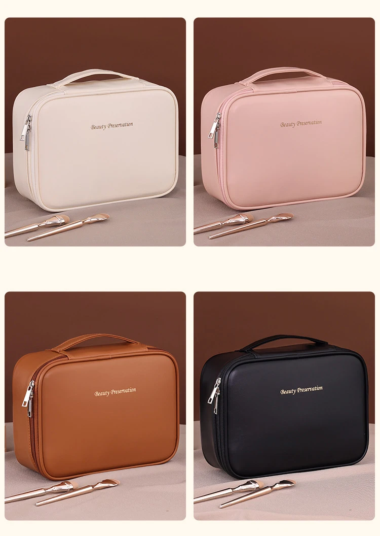 PU Leather Waterproof Cosmetic Bag with Compartments – Large Capacity Makeup Organizer for Travel, Toiletries, Brushes & Skincare – Portable Multifunctional Wash Pouch 16