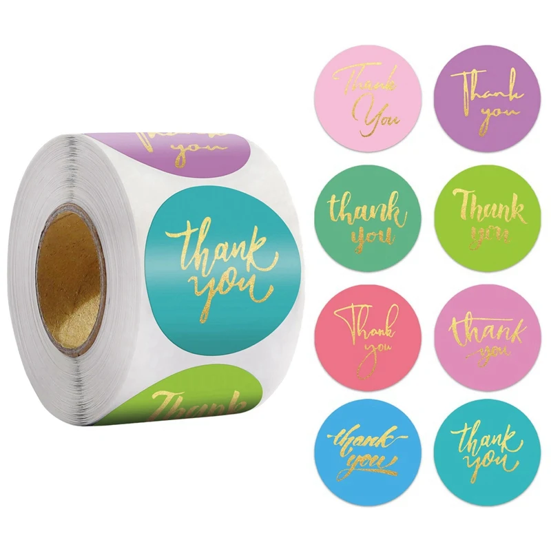 Gold Foil Thank You Stickers Roll – Waterproof Self-Adhesive Round Labels with Bronzing Finish – Custom Logo Option for Food Packaging, Gifts, Weddings, and E-commerce