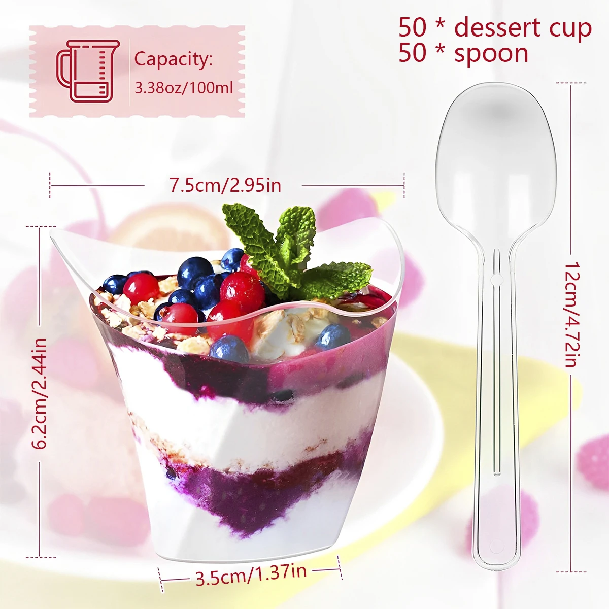 50/100pcs 3.38oz Clear Plastic Dessert Cups – Reusable Mini Dessert Bowls for Cheesecake, Ice Cream, Mousse, Pudding – Elegant Disposable Serving Cups for Parties, Weddings, Catering Events 3