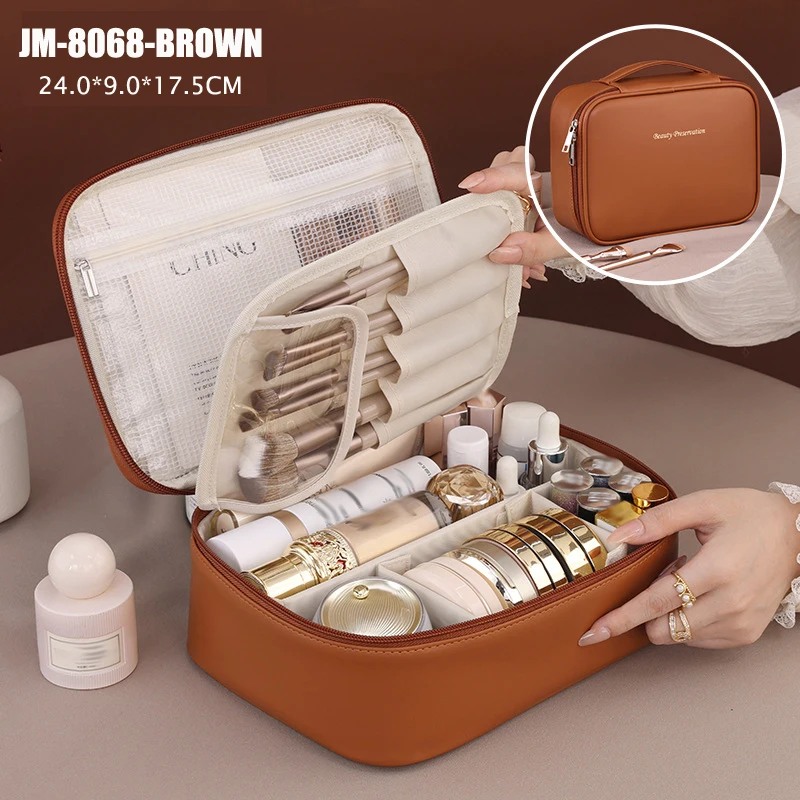 PU Leather Waterproof Cosmetic Bag with Compartments – Large Capacity Makeup Organizer for Travel, Toiletries, Brushes & Skincare – Portable Multifunctional Wash Pouch - 图片 6