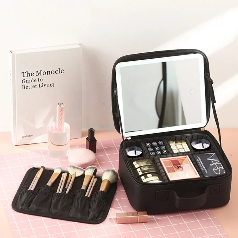 Travel Makeup Bag with LED Lighted Mirror – Portable Cosmetic Organizer Case for Women – Touch Sensor Dimmable Light, Brush Holder, Zipper Pouch – Compact, Rechargeable, Stylish Design - 图片 11
