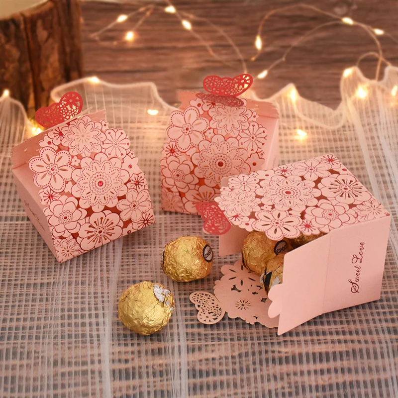 10/20Pcs Pink Butterfly Floral Laser Cut Candy Boxes for Wedding Favors, Birthday Party, Baby Shower – Chocolate Gift Packaging Box for Guests, Foldable Paper Card Box Decorations - 图片 2
