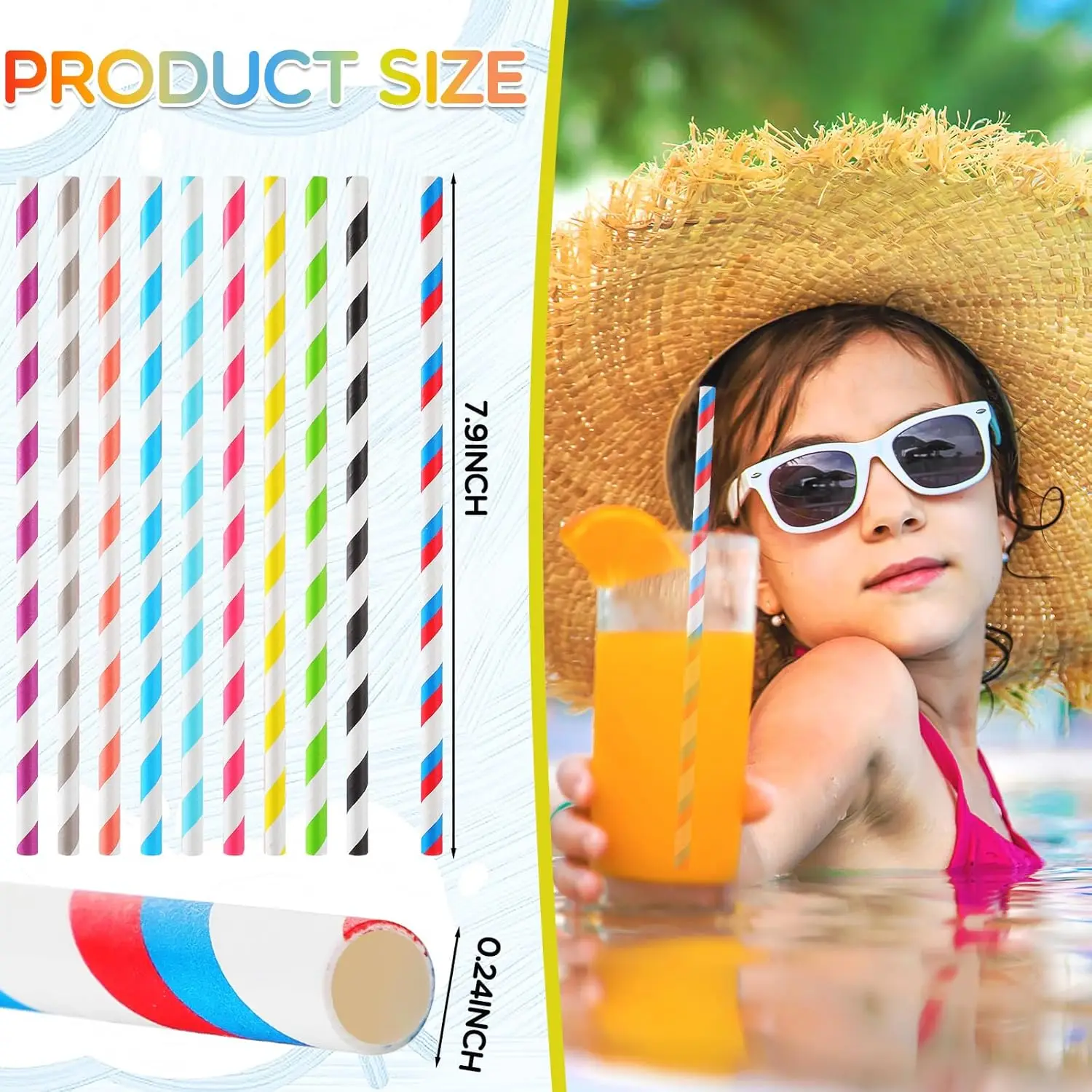 Bulk Colored Paper Straws – 7.87" disposable striped straws for juice, milkshakes, cocktails, and summer drinks. Eco-friendly, vibrant, and perfect for parties, events, or everyday use.