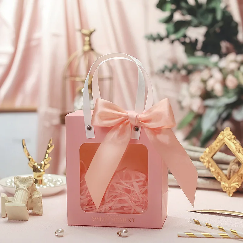 10/20pcs Transparent Window Paper Gift Bags with Handles – Wedding Birthday Party Favor Bags for Guests – Candy, Souvenir, Cookie Packaging Bag with Bowknot, Shredded Paper, Cards Optional - 图片 7