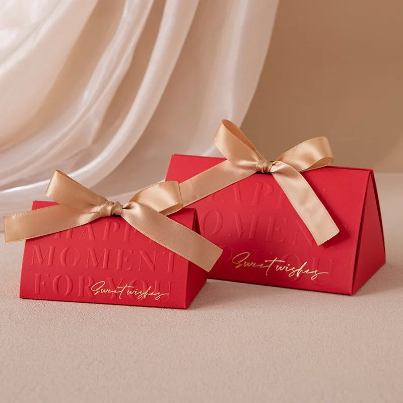 Triangular Champagne Wedding Gift Boxes – Candy Packaging Favor Boxes with Ribbon for Baby Shower, Engagement, Birthday, Party Decoration, Wooden Ring Box Style Design - 图片 18