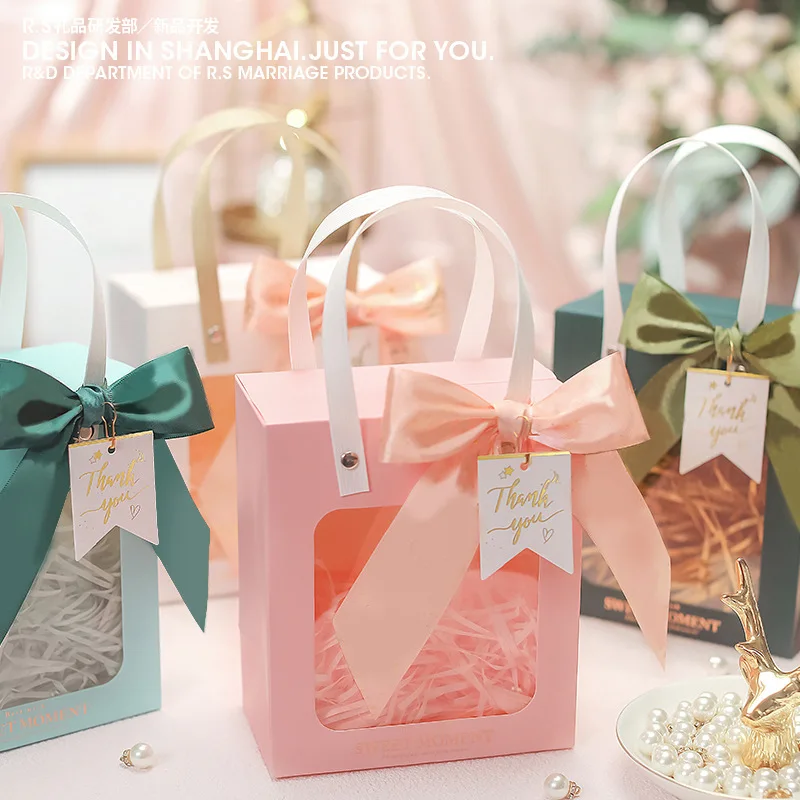 10/20pcs Transparent Window Paper Gift Bags with Handles – Wedding Birthday Party Favor Bags for Guests – Candy, Souvenir, Cookie Packaging Bag with Bowknot, Shredded Paper, Cards Optional - 图片 2