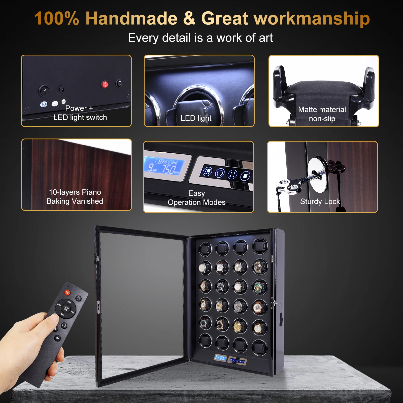 24-Slot Automatic Watch Winder with LCD Touchscreen, Remote Control, Ultra-Quiet Japanese Mabuchi Motors, Piano Finish, Lockable Display Case, LED Lighting, Adjustable TPD & Rotation - 图片 2