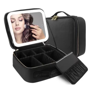 Travel Makeup Bag with LED Lighted Mirror – Portable Cosmetic Organizer Case for Women – Touch Sensor Dimmable Light, Brush Holder, Zipper Pouch – Compact, Rechargeable, Stylish Design