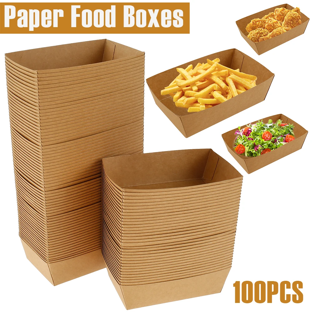 Paper Food Trays Disposable 100 Pack – Grease-Resistant Kraft Paper Snack Serving Boats for Fries, Hot Dogs, Nachos, BBQ, Popcorn, Parties, Carnivals & Food Trucks – 1 lb Capacity Eco Friendly