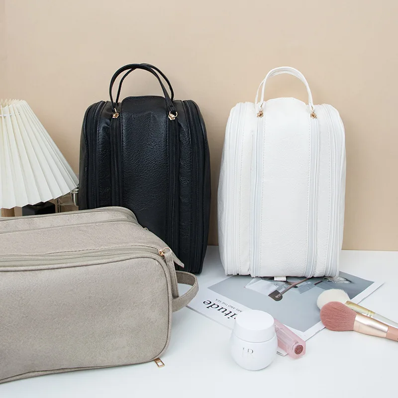 PU Leather Makeup Bag 💄 – Spacious Cosmetic Organizer with Compartments for Travel & Daily Use, Waterproof Toiletry Pouch, Stylish Storage for Skincare & Beauty Tools in Camel, Pink, Black, Houndstooth, White 16