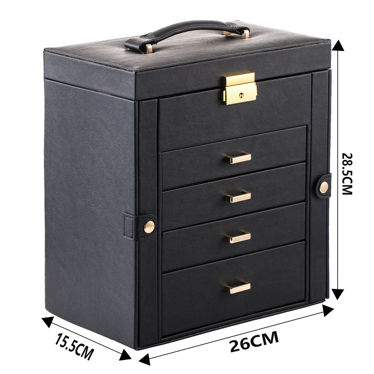 Lockable Synthetic Leather Jewelry Box – Large Capacity Organizer with Mirror for Watches, Rings, Earrings, Necklaces; Elegant Black Case Ideal for Gift or Personal Use, Stylish and Functional. - 图片 6
