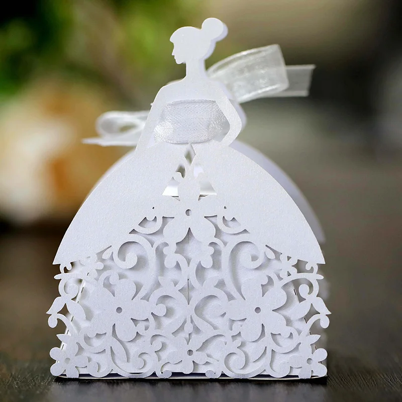 Laser Cut Pearl Paper Gift Boxes with Ribbon – Elegant Candy Chocolate Packaging for Wedding Favors, Engagements, Baby Showers, Birthday Parties, Bridal Showers, and Holiday Celebrations