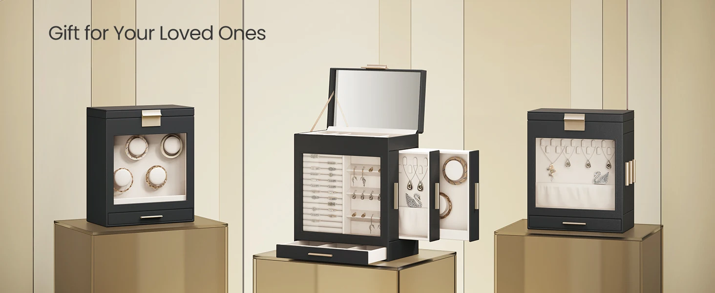 5-Layer Jewelry Organizer Box with Glass Window – Features 3 Side Drawers, Large Mirror, and Ample Storage Space for Rings, Earrings, Necklaces, Bracelets. Modern Design, Ideal for Home or Gift Use.