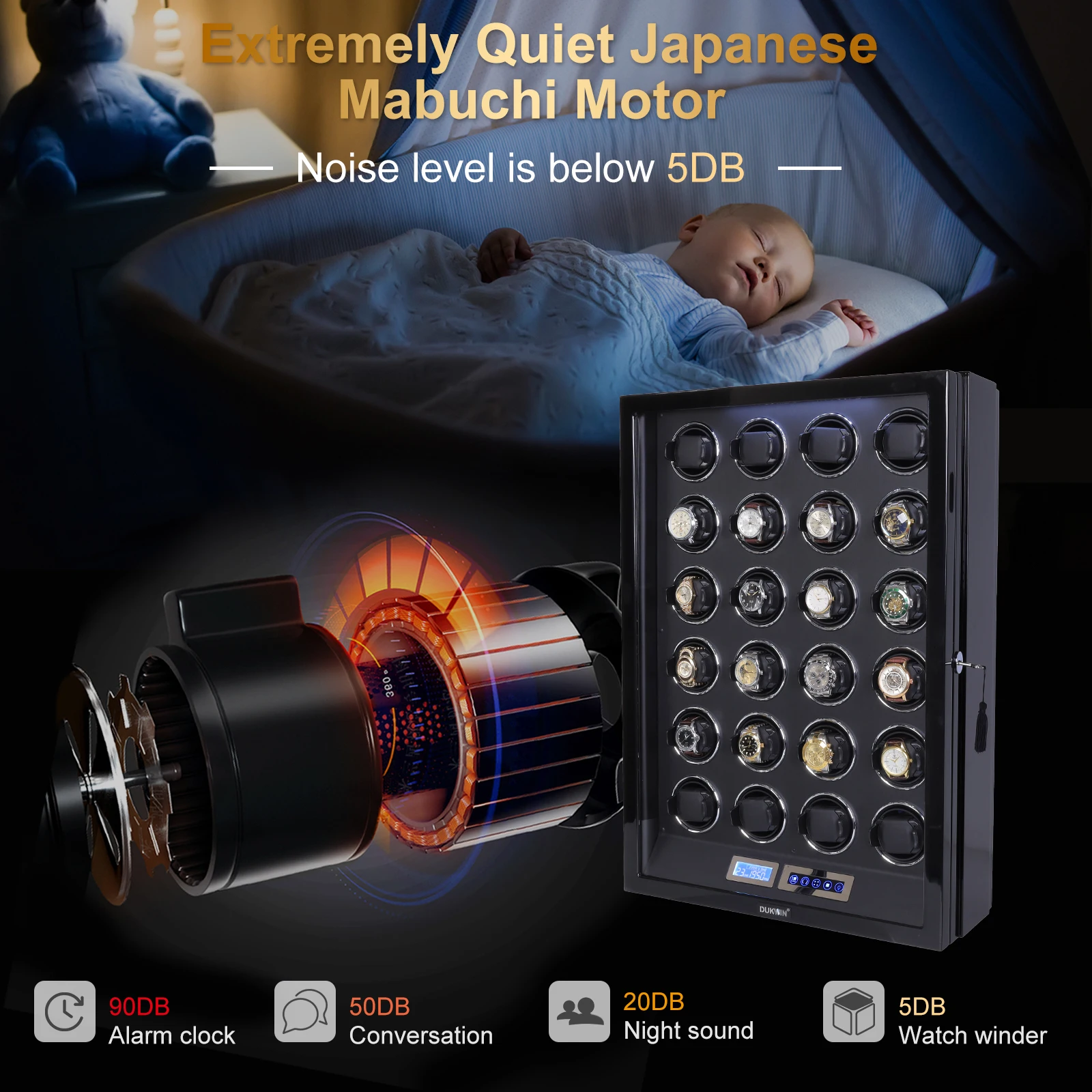 24-Slot Automatic Watch Winder with LCD Touchscreen, Remote Control, Ultra-Quiet Japanese Mabuchi Motors, Piano Finish, Lockable Display Case, LED Lighting, Adjustable TPD & Rotation 5